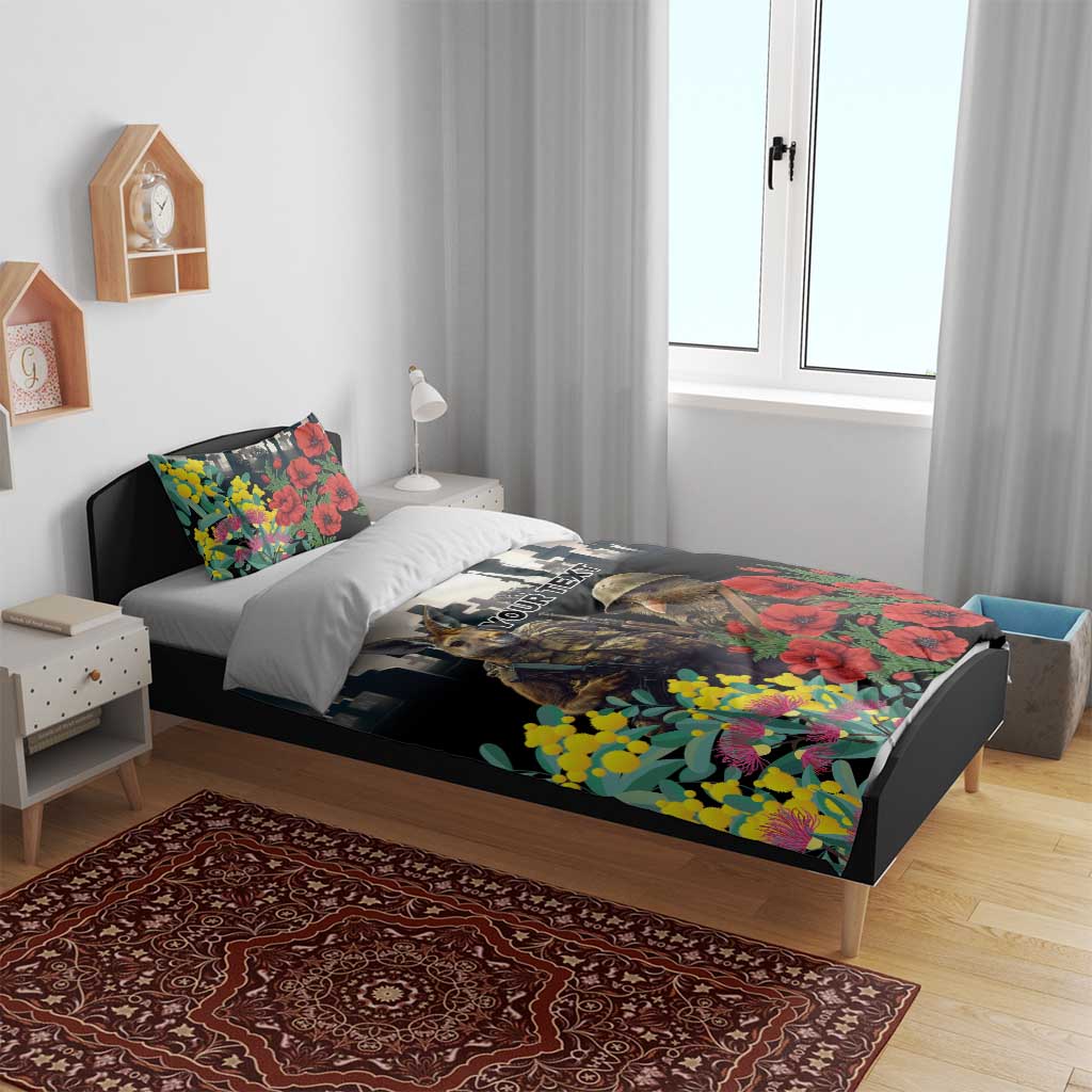Kangaroo-Kiwi Soldier ANZAC Personalised Bedding Set Golden Wattle Poppy Flowers