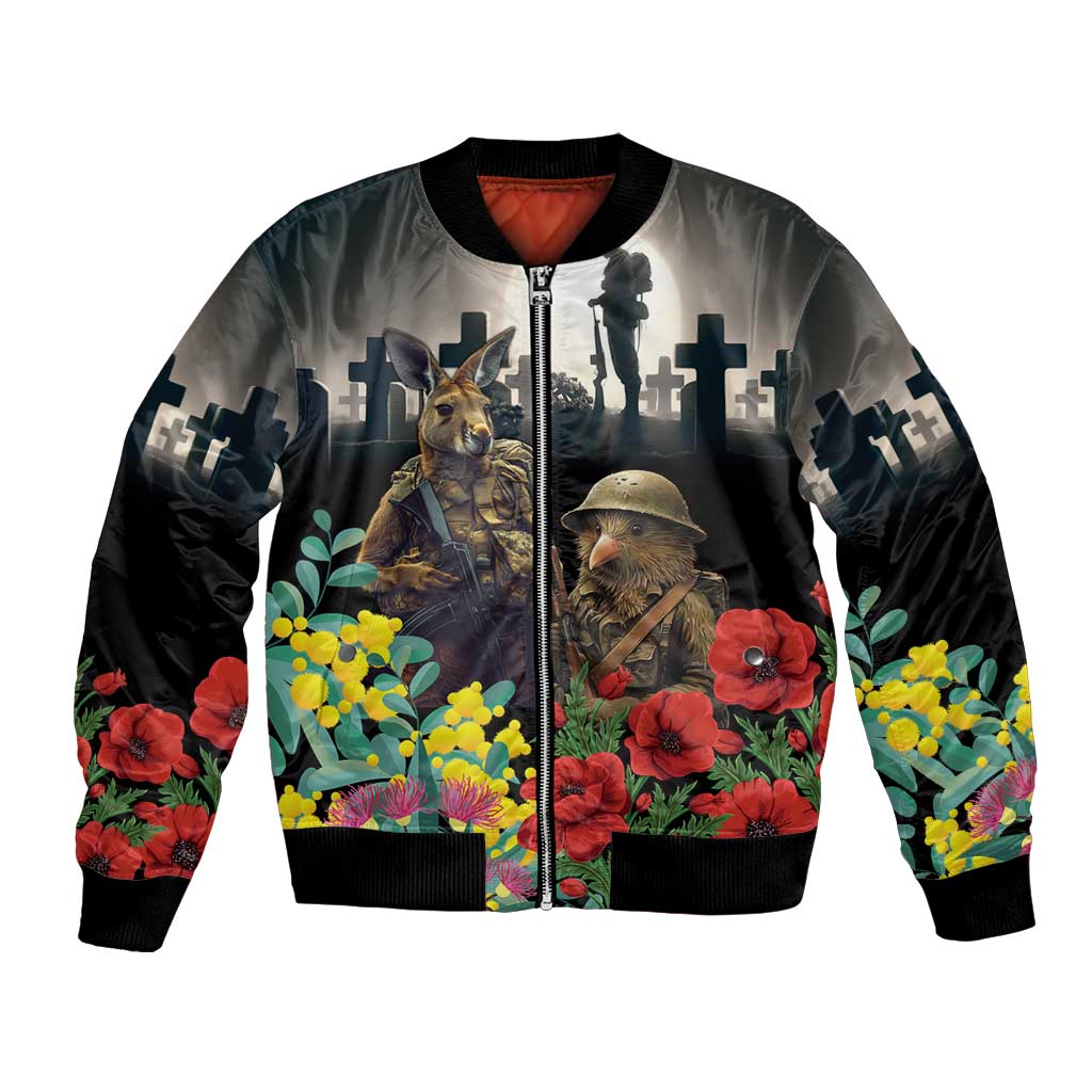 Kangaroo-Kiwi Soldier ANZAC Personalised Bomber Jacket Golden Wattle Poppy Flowers