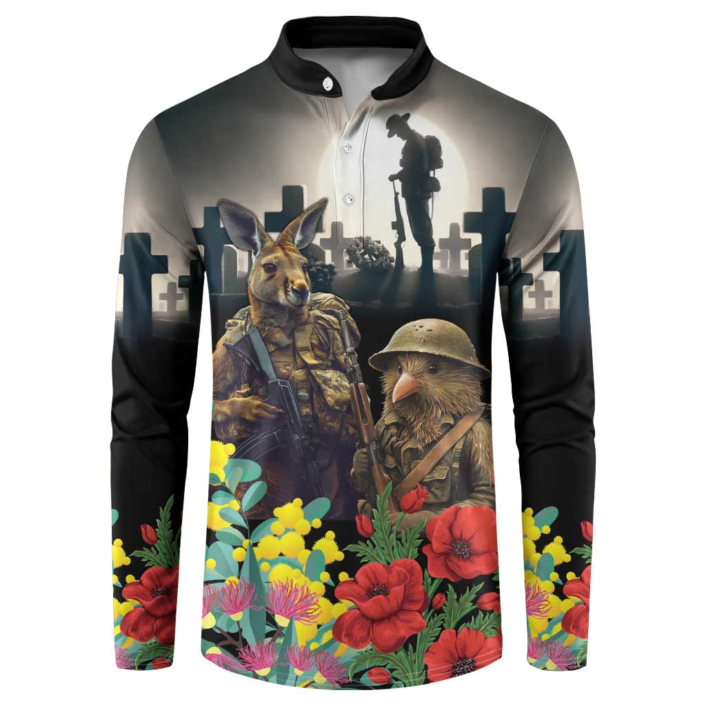 Kangaroo-Kiwi Soldier ANZAC Personalised Button Sweatshirt Golden Wattle Poppy Flowers LT9 Black - Polynesian Pride