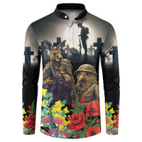Kangaroo-Kiwi Soldier ANZAC Personalised Button Sweatshirt Golden Wattle Poppy Flowers LT9 Black - Polynesian Pride