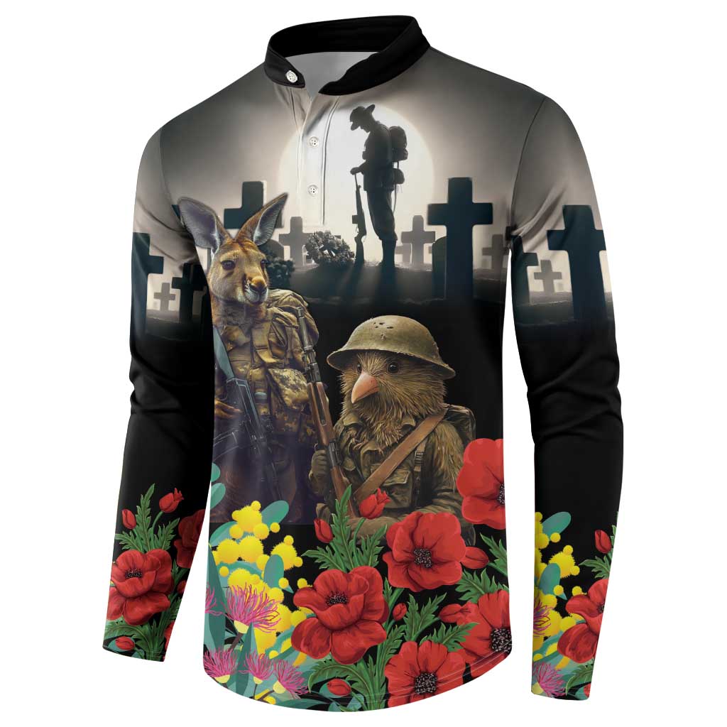 Kangaroo-Kiwi Soldier ANZAC Personalised Button Sweatshirt Golden Wattle Poppy Flowers LT9 - Polynesian Pride