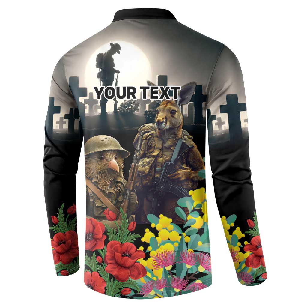 Kangaroo-Kiwi Soldier ANZAC Personalised Button Sweatshirt Golden Wattle Poppy Flowers LT9 - Polynesian Pride
