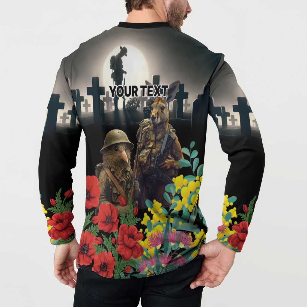 Kangaroo-Kiwi Soldier ANZAC Personalised Button Sweatshirt Golden Wattle Poppy Flowers LT9 - Polynesian Pride