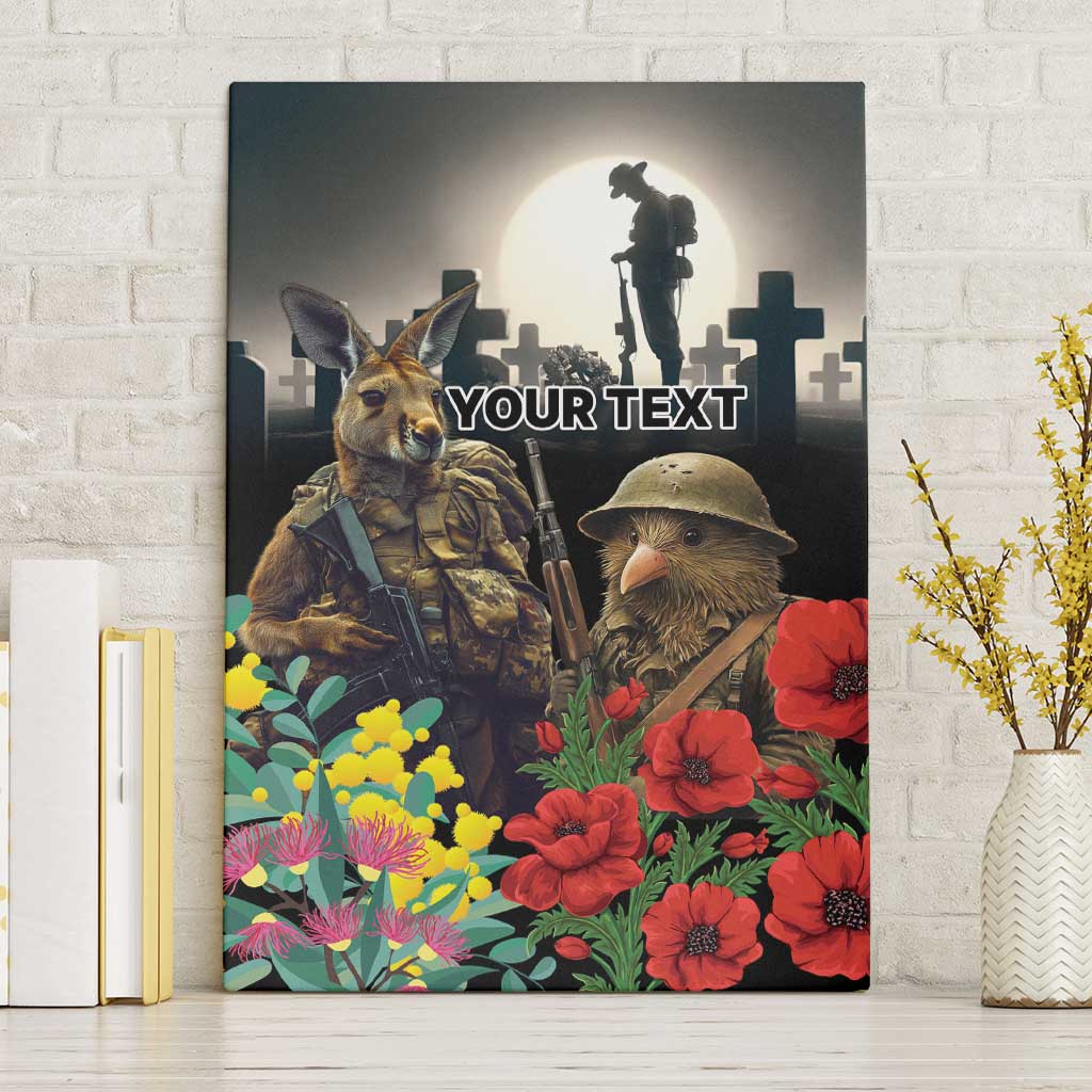 Kangaroo-Kiwi Soldier ANZAC Personalised Canvas Wall Art Golden Wattle Poppy Flowers LT9 Without Frame Black - Polynesian Pride