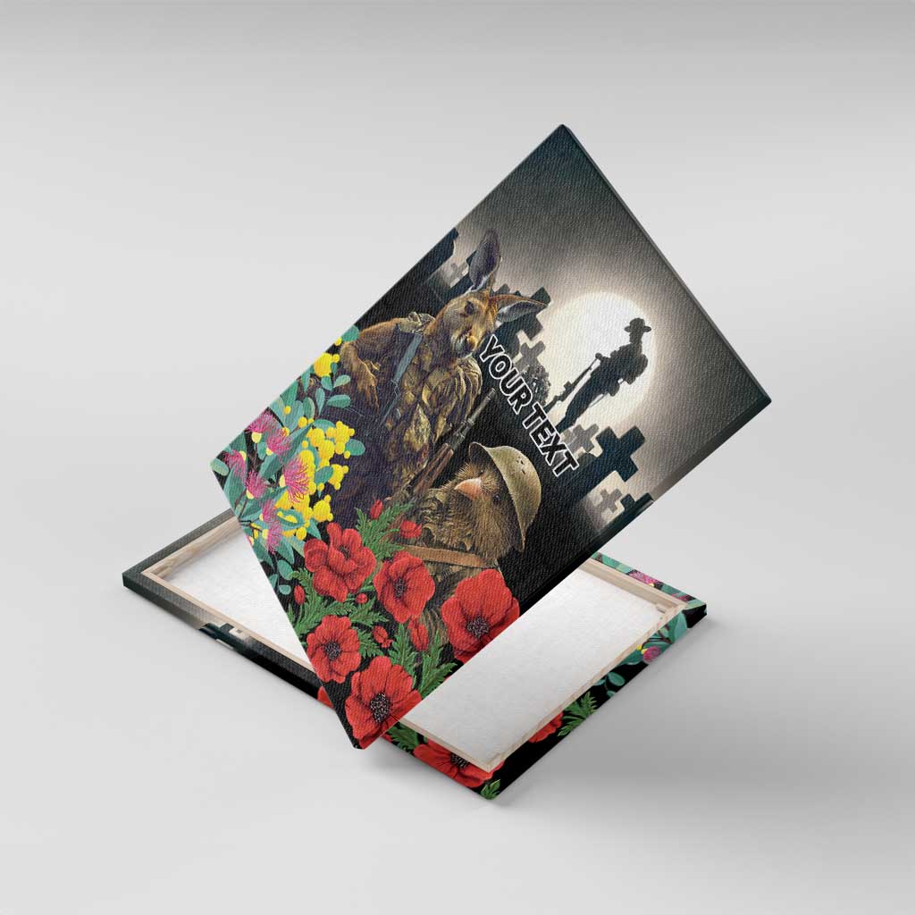 Kangaroo-Kiwi Soldier ANZAC Personalised Canvas Wall Art Golden Wattle Poppy Flowers LT9 With Frame Black - Polynesian Pride