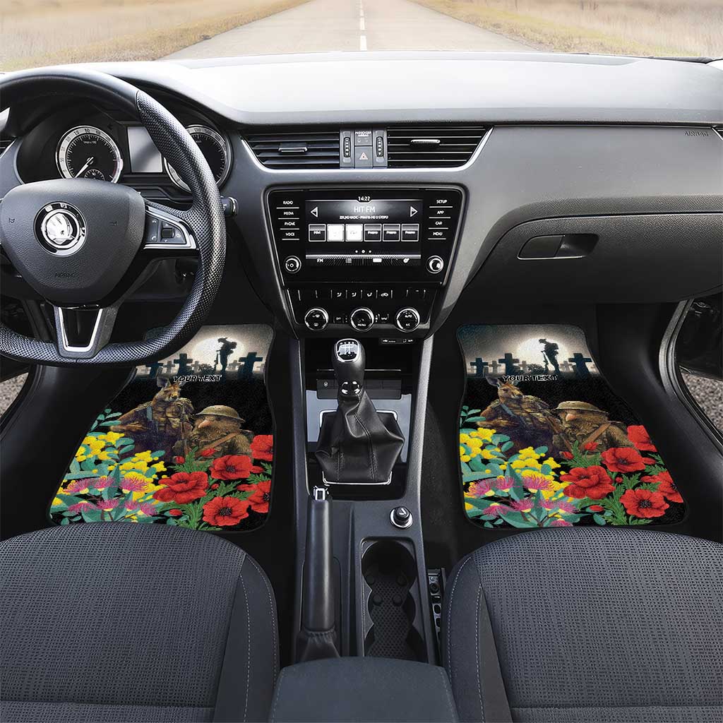Kangaroo-Kiwi Soldier ANZAC Personalised Car Mats Golden Wattle Poppy Flowers LT9 Set 2pcs - Front Black - Polynesian Pride
