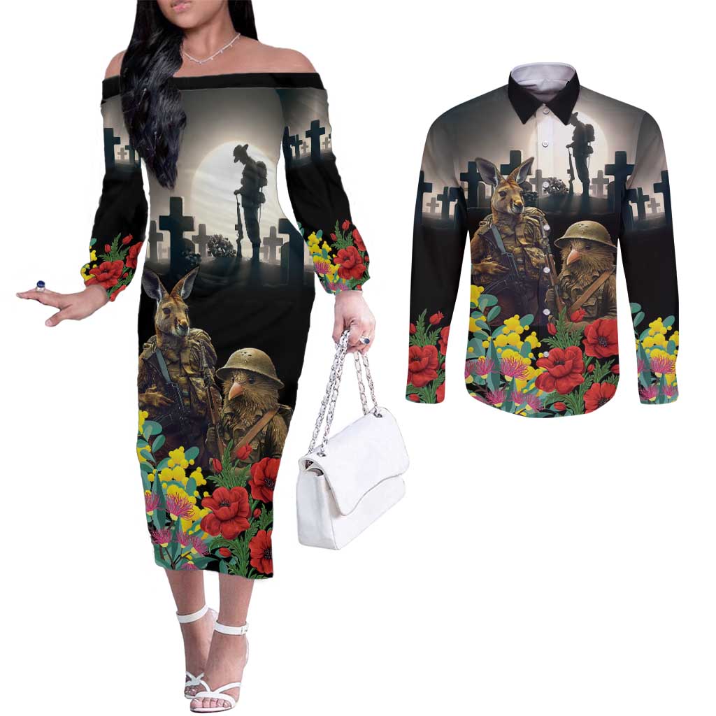Kangaroo-Kiwi Soldier ANZAC Personalised Couples Matching Off The Shoulder Long Sleeve Dress and Long Sleeve Button Shirt Golden Wattle Poppy Flowers LT9 Black - Polynesian Pride