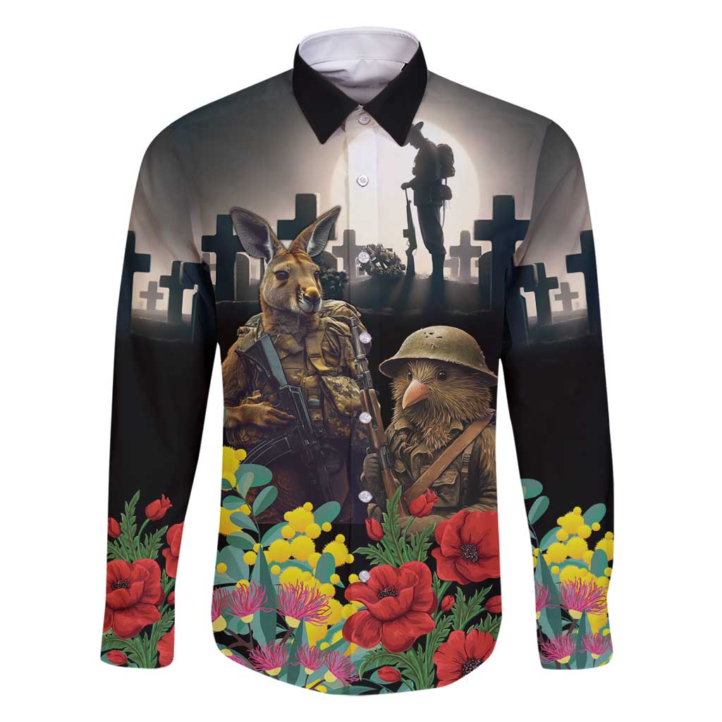 Kangaroo-Kiwi Soldier ANZAC Personalised Family Matching Long Sleeve Bodycon Dress and Hawaiian Shirt Golden Wattle Poppy Flowers