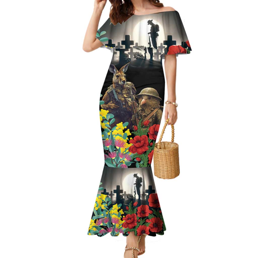 Kangaroo-Kiwi Soldier ANZAC Personalised Family Matching Mermaid Dress and Hawaiian Shirt Golden Wattle Poppy Flowers