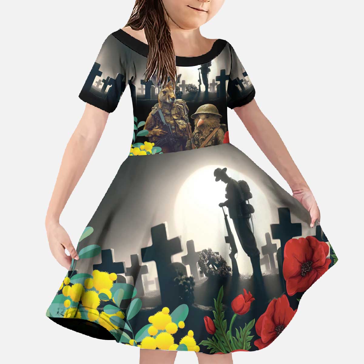 Kangaroo-Kiwi Soldier ANZAC Personalised Family Matching Off The Shoulder Long Sleeve Dress and Hawaiian Shirt Golden Wattle Poppy Flowers