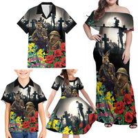 Kangaroo-Kiwi Soldier ANZAC Personalised Family Matching Off Shoulder Maxi Dress and Hawaiian Shirt Golden Wattle Poppy Flowers