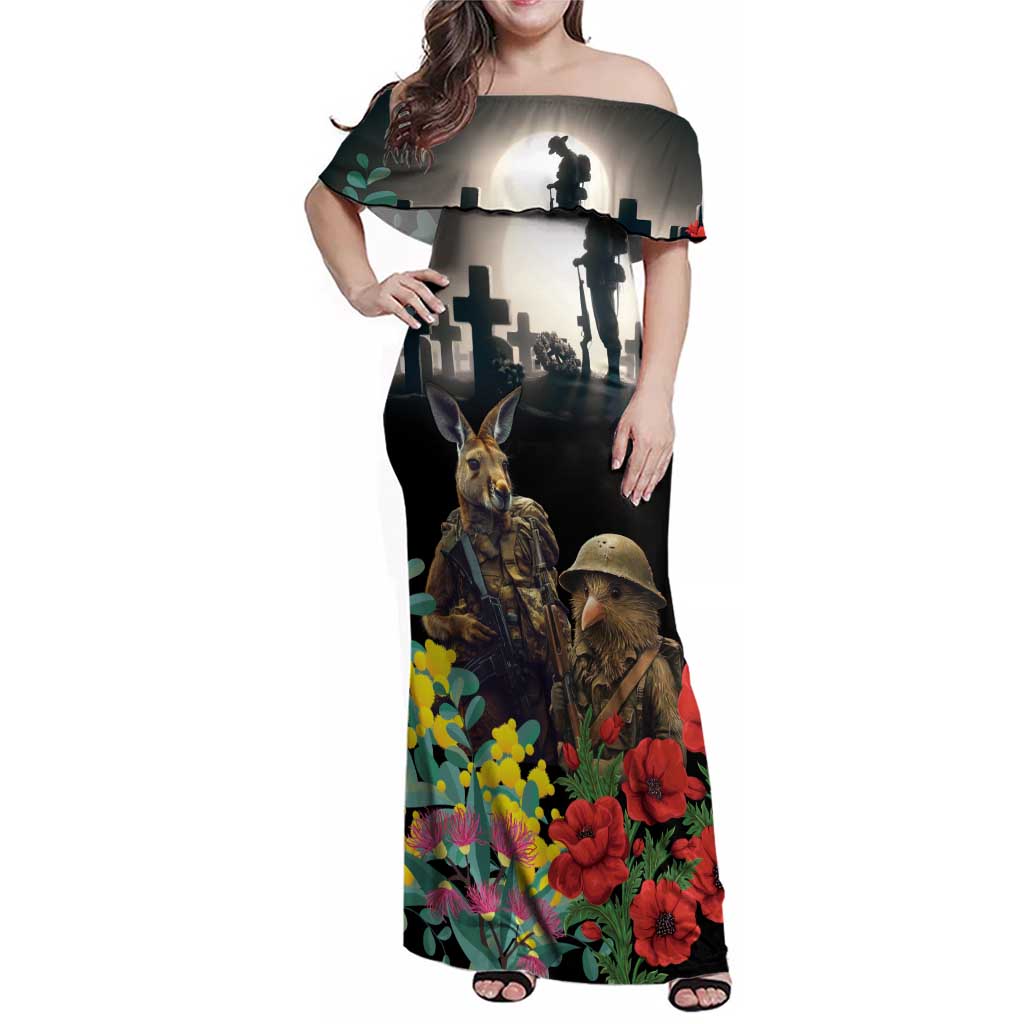 Kangaroo-Kiwi Soldier ANZAC Personalised Family Matching Off Shoulder Maxi Dress and Hawaiian Shirt Golden Wattle Poppy Flowers