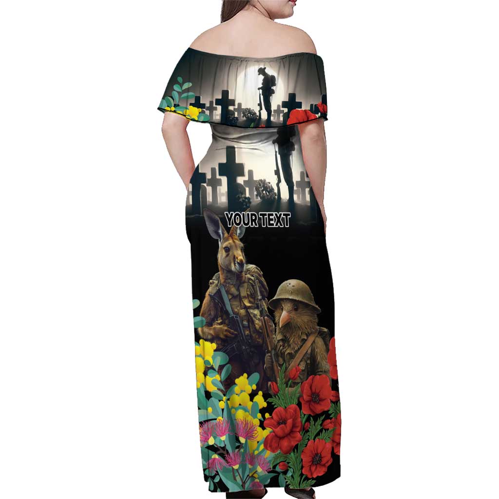 Kangaroo-Kiwi Soldier ANZAC Personalised Family Matching Off Shoulder Maxi Dress and Hawaiian Shirt Golden Wattle Poppy Flowers