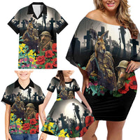 Kangaroo-Kiwi Soldier ANZAC Personalised Family Matching Off Shoulder Short Dress and Hawaiian Shirt Golden Wattle Poppy Flowers