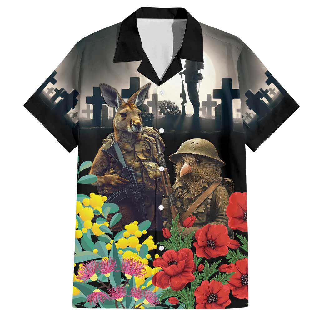 Kangaroo-Kiwi Soldier ANZAC Personalised Family Matching Puletasi and Hawaiian Shirt Golden Wattle Poppy Flowers