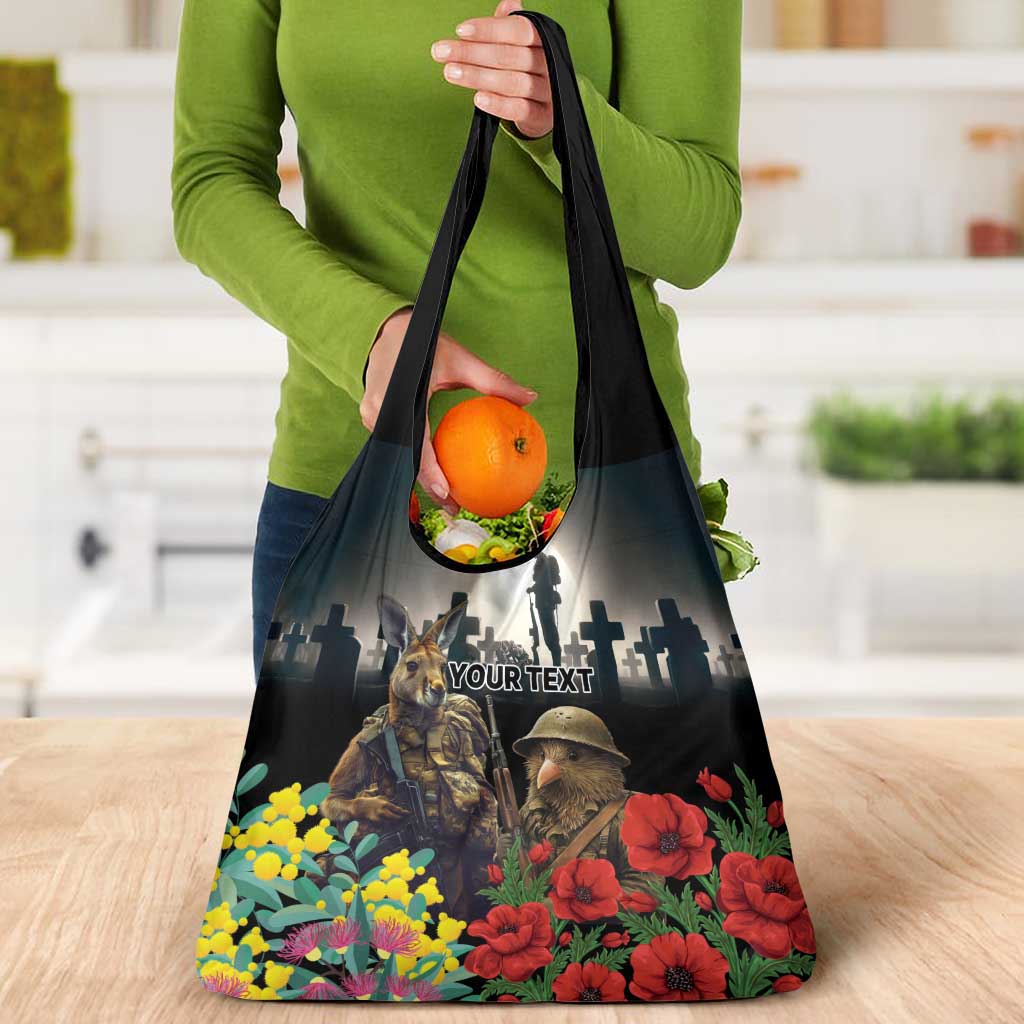 Kangaroo-Kiwi Soldier ANZAC Personalised Grocery Bag Golden Wattle Poppy Flowers