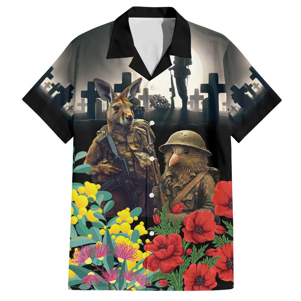 Kangaroo-Kiwi Soldier ANZAC Personalised Hawaiian Shirt Golden Wattle Poppy Flowers LT9 Black - Polynesian Pride