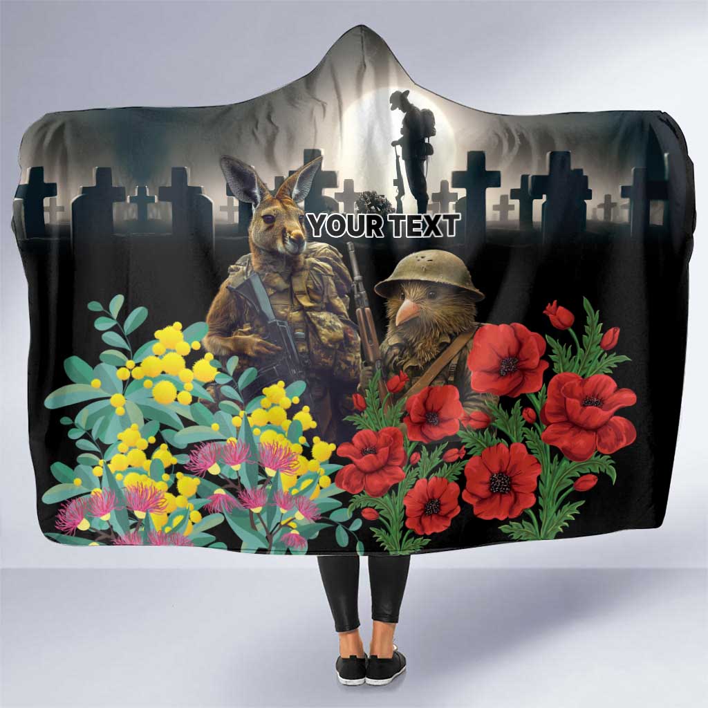 Kangaroo-Kiwi Soldier ANZAC Personalised Hooded Blanket Golden Wattle Poppy Flowers LT9 One Size Black - Polynesian Pride