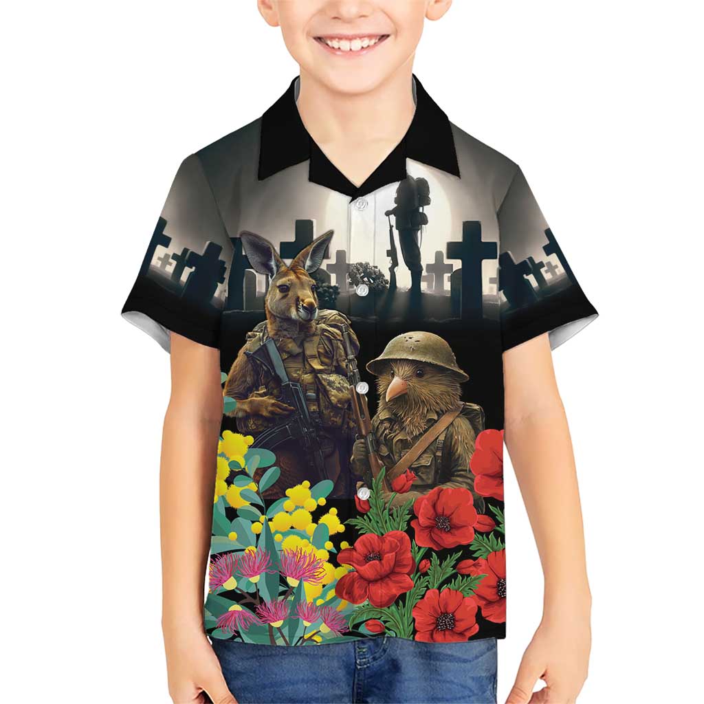 Kangaroo-Kiwi Soldier ANZAC Personalised Kid Hawaiian Shirt Golden Wattle Poppy Flowers