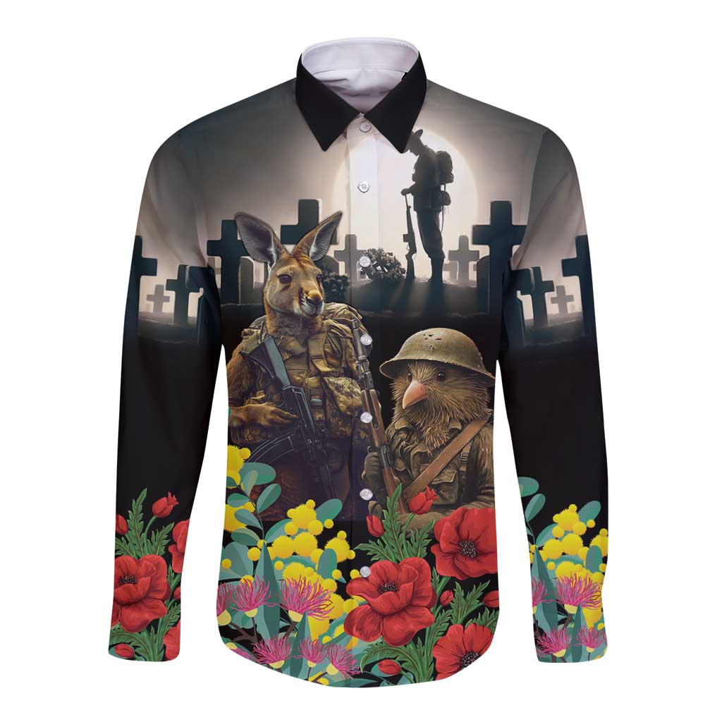 Kangaroo-Kiwi Soldier ANZAC Personalised Long Sleeve Button Shirt Golden Wattle Poppy Flowers LT9 Unisex Black - Polynesian Pride