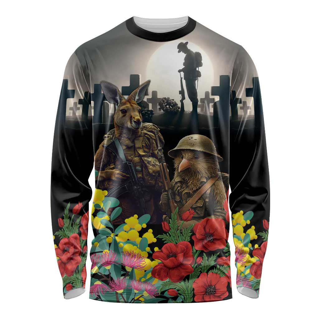 Kangaroo-Kiwi Soldier ANZAC Personalised Long Sleeve Shirt Golden Wattle Poppy Flowers LT9 Unisex Black - Polynesian Pride