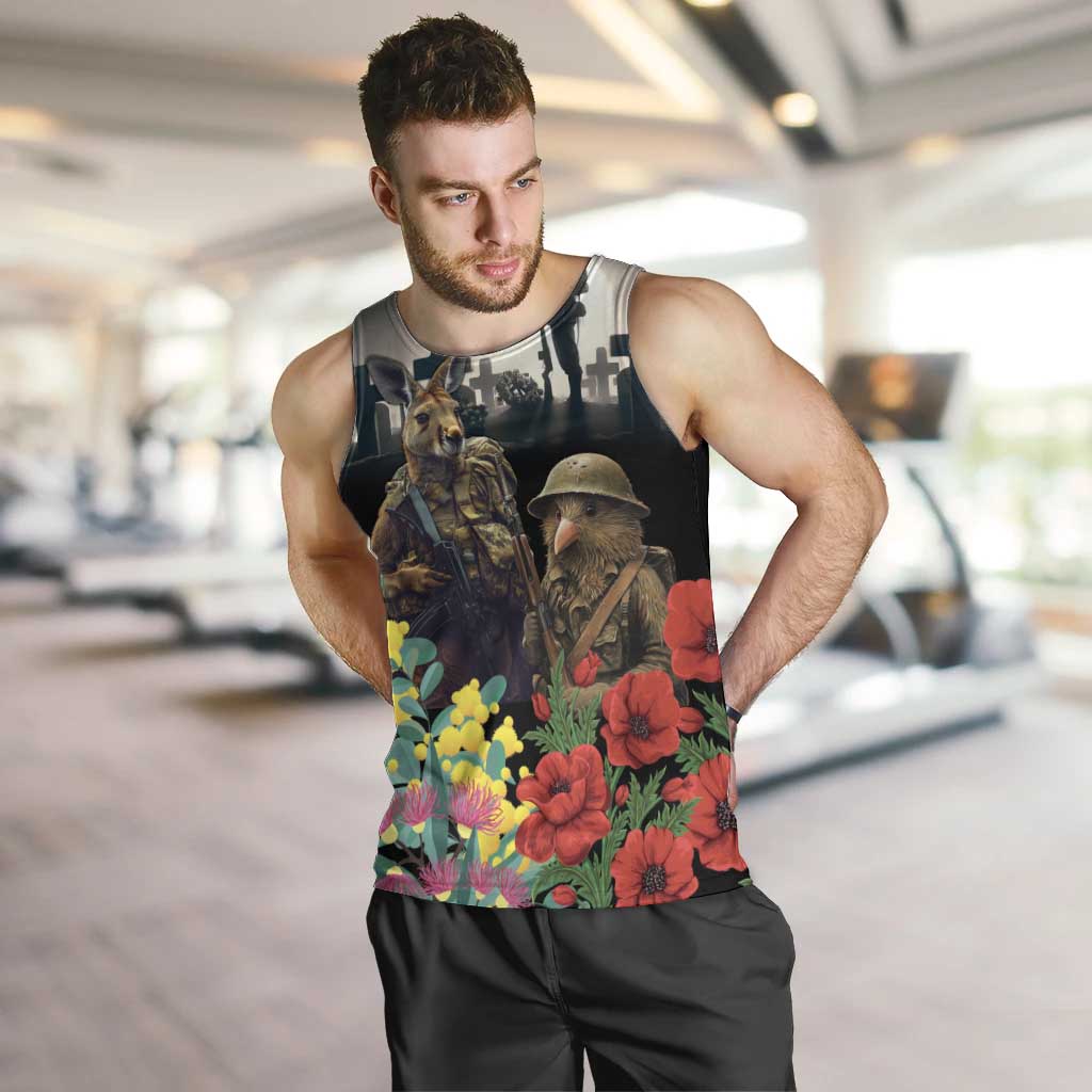 Kangaroo-Kiwi Soldier ANZAC Personalised Men Tank Top Golden Wattle Poppy Flowers LT9 Black - Polynesian Pride