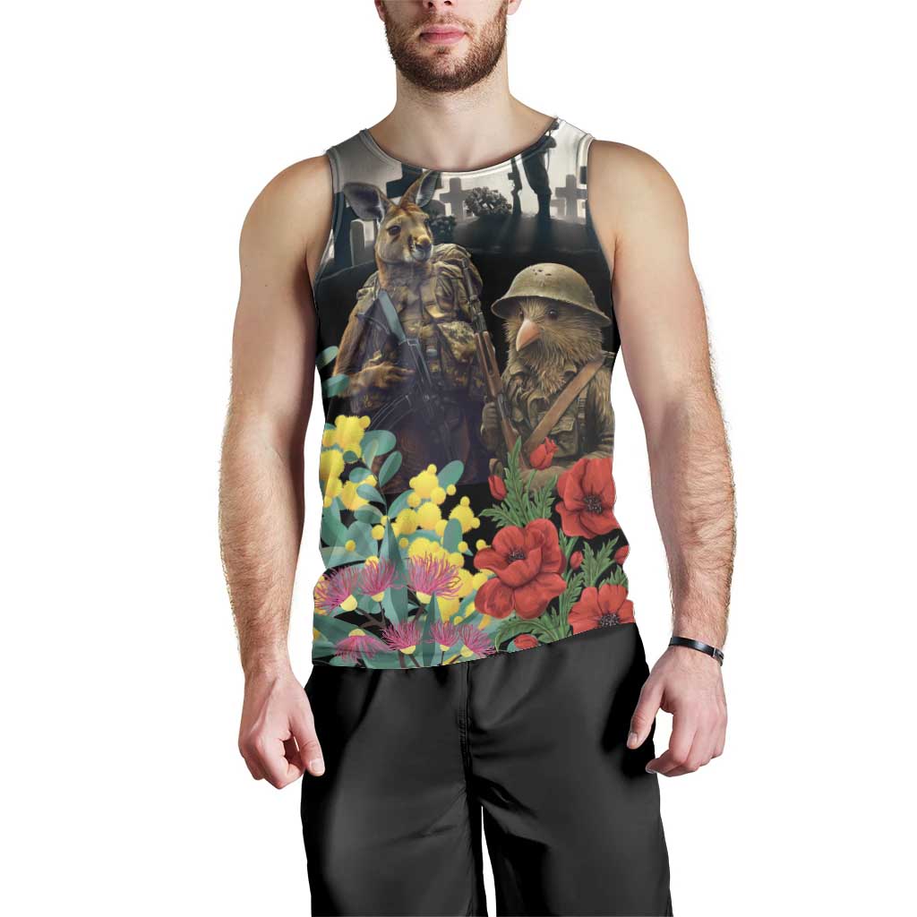 Kangaroo-Kiwi Soldier ANZAC Personalised Men Tank Top Golden Wattle Poppy Flowers LT9 - Polynesian Pride