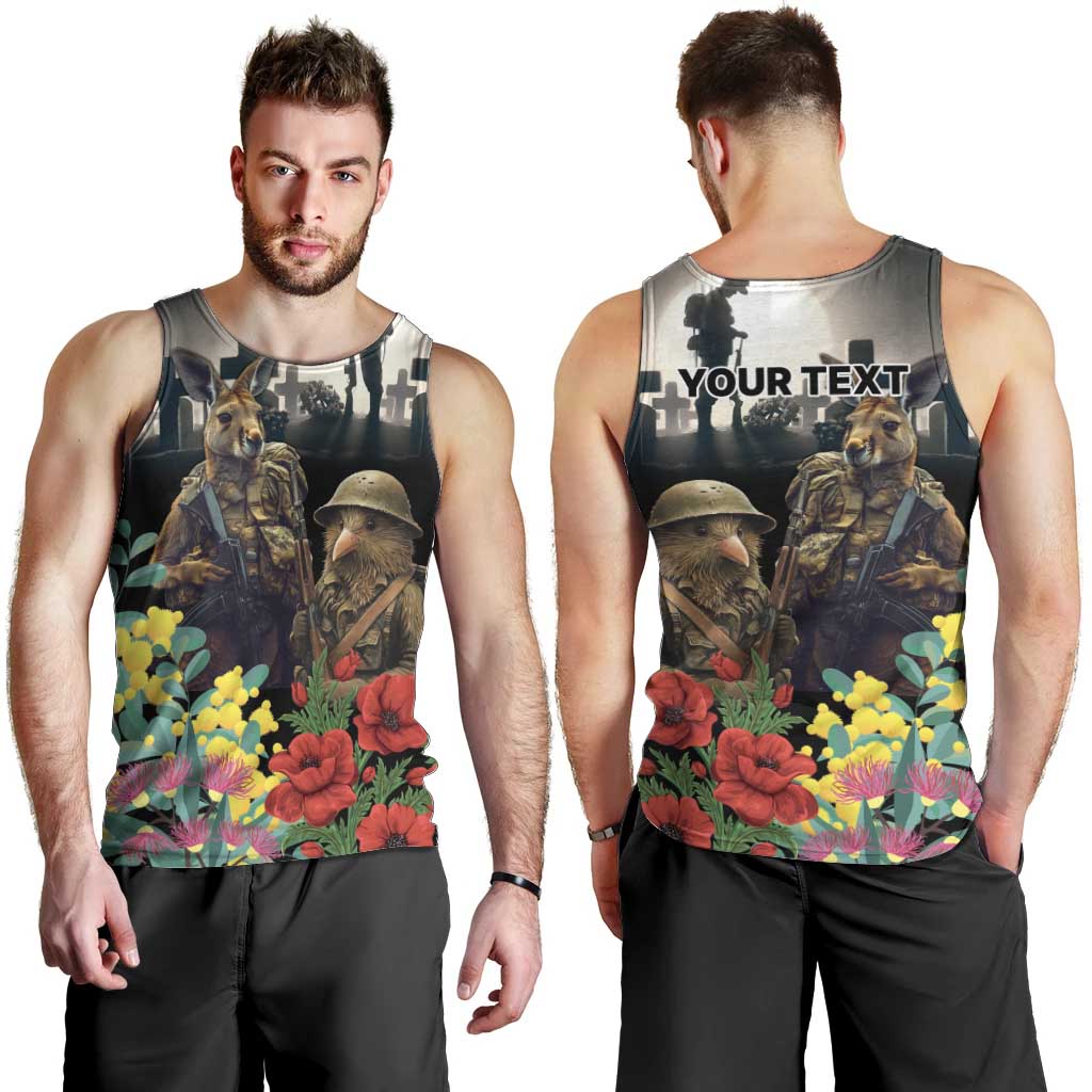 Kangaroo-Kiwi Soldier ANZAC Personalised Men Tank Top Golden Wattle Poppy Flowers LT9 - Polynesian Pride