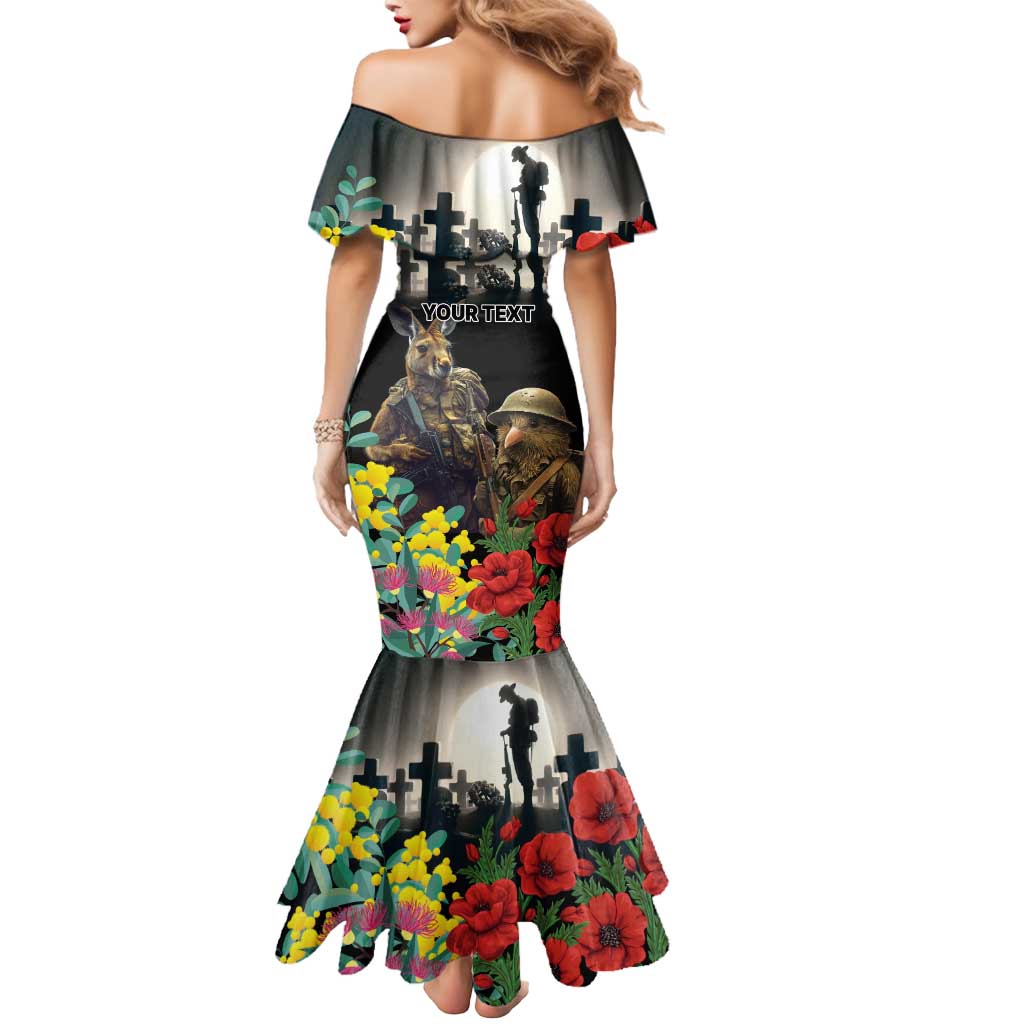 Kangaroo-Kiwi Soldier ANZAC Personalised Mermaid Dress Golden Wattle Poppy Flowers
