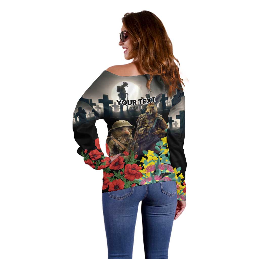 Kangaroo-Kiwi Soldier ANZAC Personalised Off Shoulder Sweater Golden Wattle Poppy Flowers
