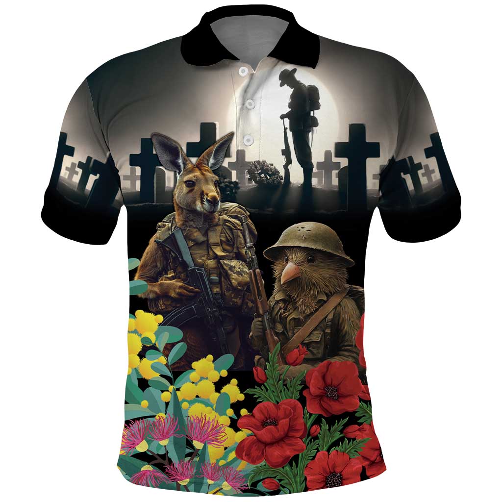 Kangaroo-Kiwi Soldier ANZAC Personalised Polo Shirt Golden Wattle Poppy Flowers