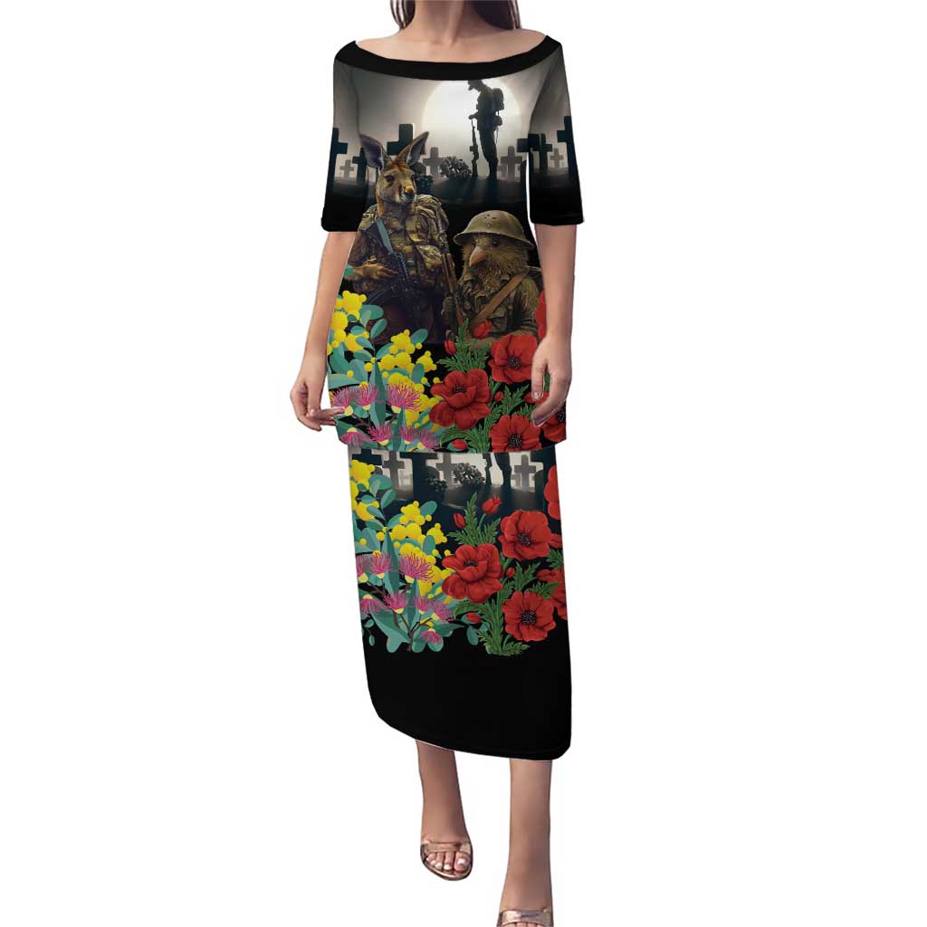 Kangaroo-Kiwi Soldier ANZAC Personalised Puletasi Golden Wattle Poppy Flowers LT9 Long Dress Black - Polynesian Pride