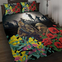 Kangaroo-Kiwi Soldier ANZAC Personalised Quilt Bed Set Golden Wattle Poppy Flowers LT9 Black - Polynesian Pride