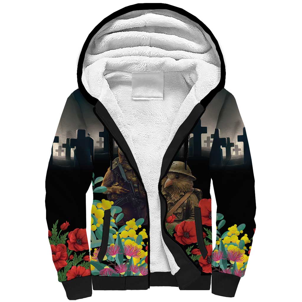 Kangaroo-Kiwi Soldier ANZAC Personalised Sherpa Hoodie Golden Wattle Poppy Flowers LT9 Unisex Black - Polynesian Pride
