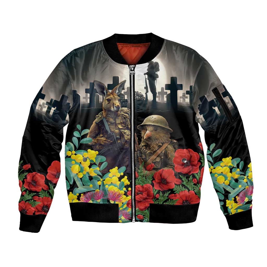 Kangaroo-Kiwi Soldier ANZAC Personalised Sleeve Zip Bomber Jacket Golden Wattle Poppy Flowers