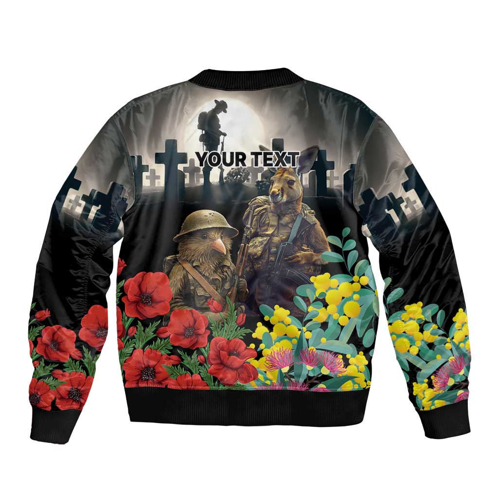 Kangaroo-Kiwi Soldier ANZAC Personalised Sleeve Zip Bomber Jacket Golden Wattle Poppy Flowers