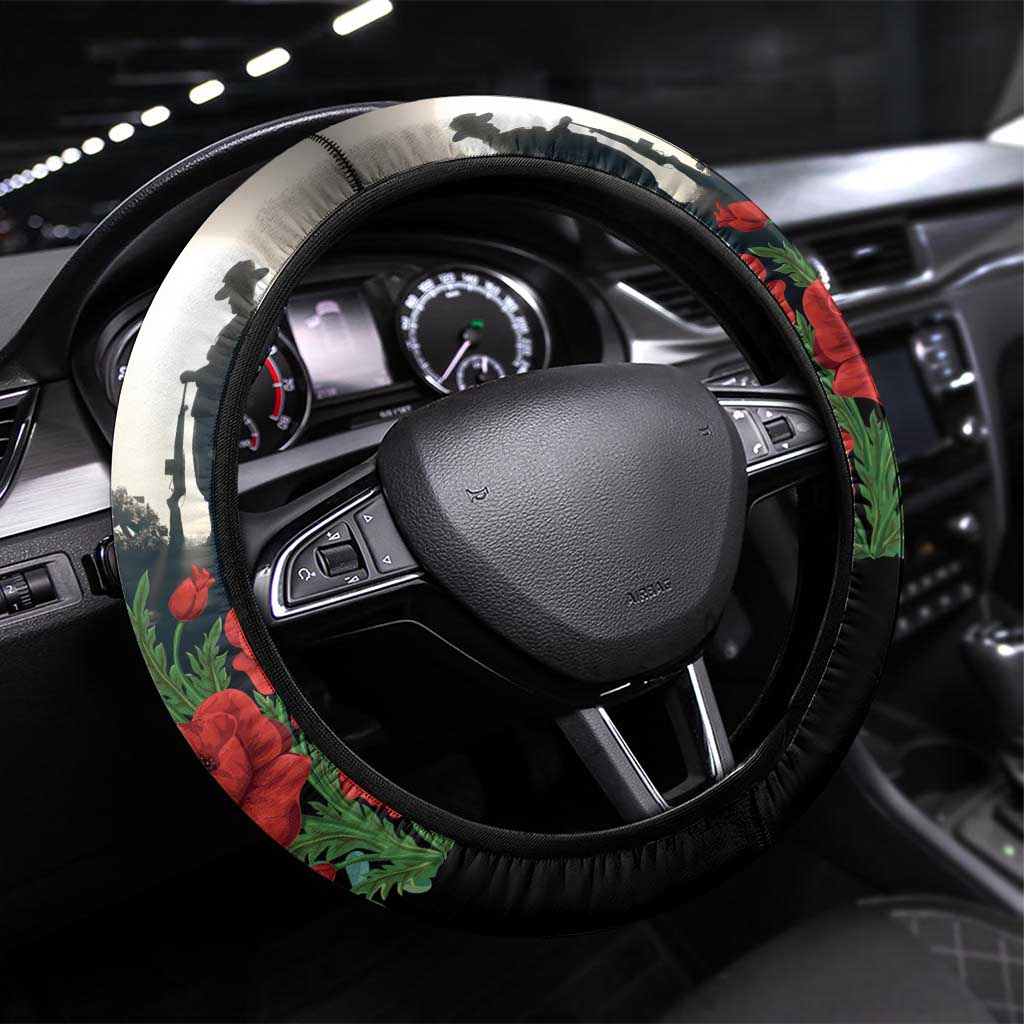 Kangaroo-Kiwi Soldier ANZAC Steering Wheel Cover Golden Wattle Poppy Flowers LT9 Universal Fit Black - Polynesian Pride
