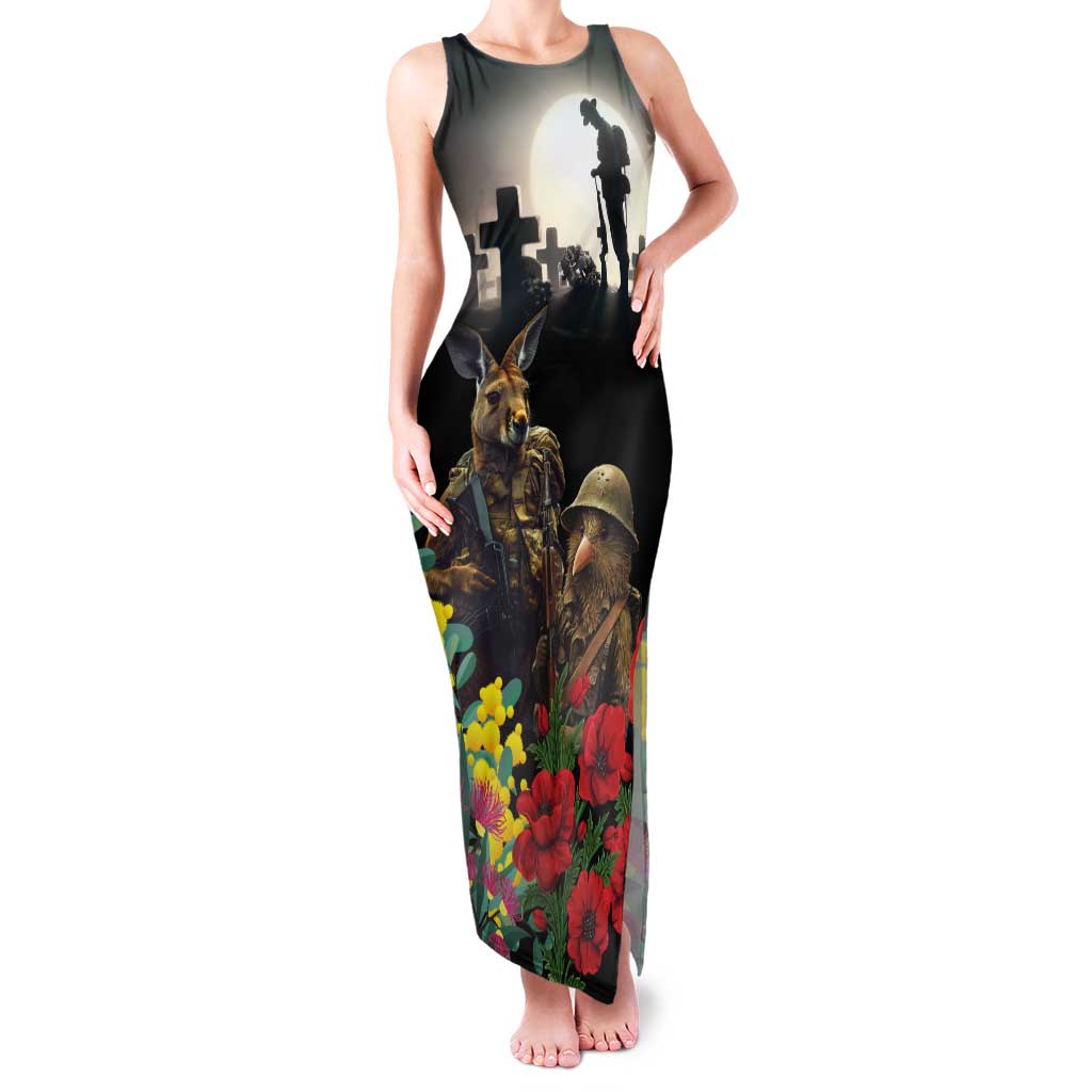 Kangaroo-Kiwi Soldier ANZAC Personalised Tank Maxi Dress Golden Wattle Poppy Flowers LT9 Women Black - Polynesian Pride