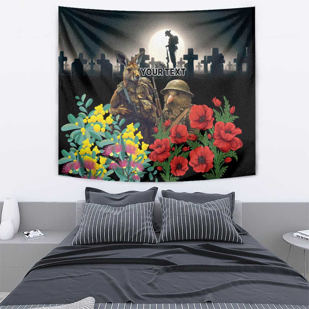 Kangaroo-Kiwi Soldier ANZAC Personalised Tapestry Golden Wattle Poppy Flowers