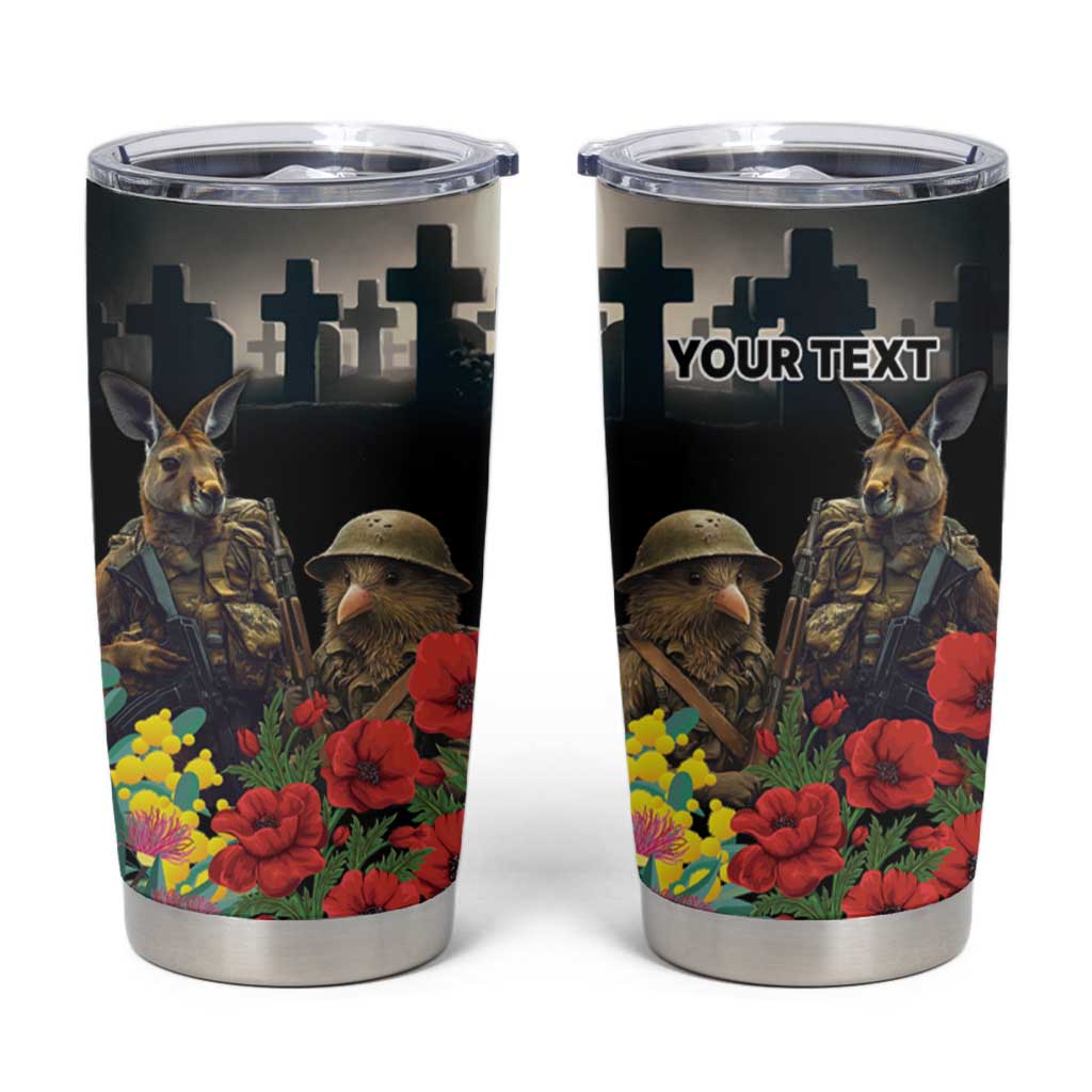 Kangaroo-Kiwi Soldier ANZAC Personalised Tumbler Cup Golden Wattle Poppy Flowers LT9 Black - Polynesian Pride