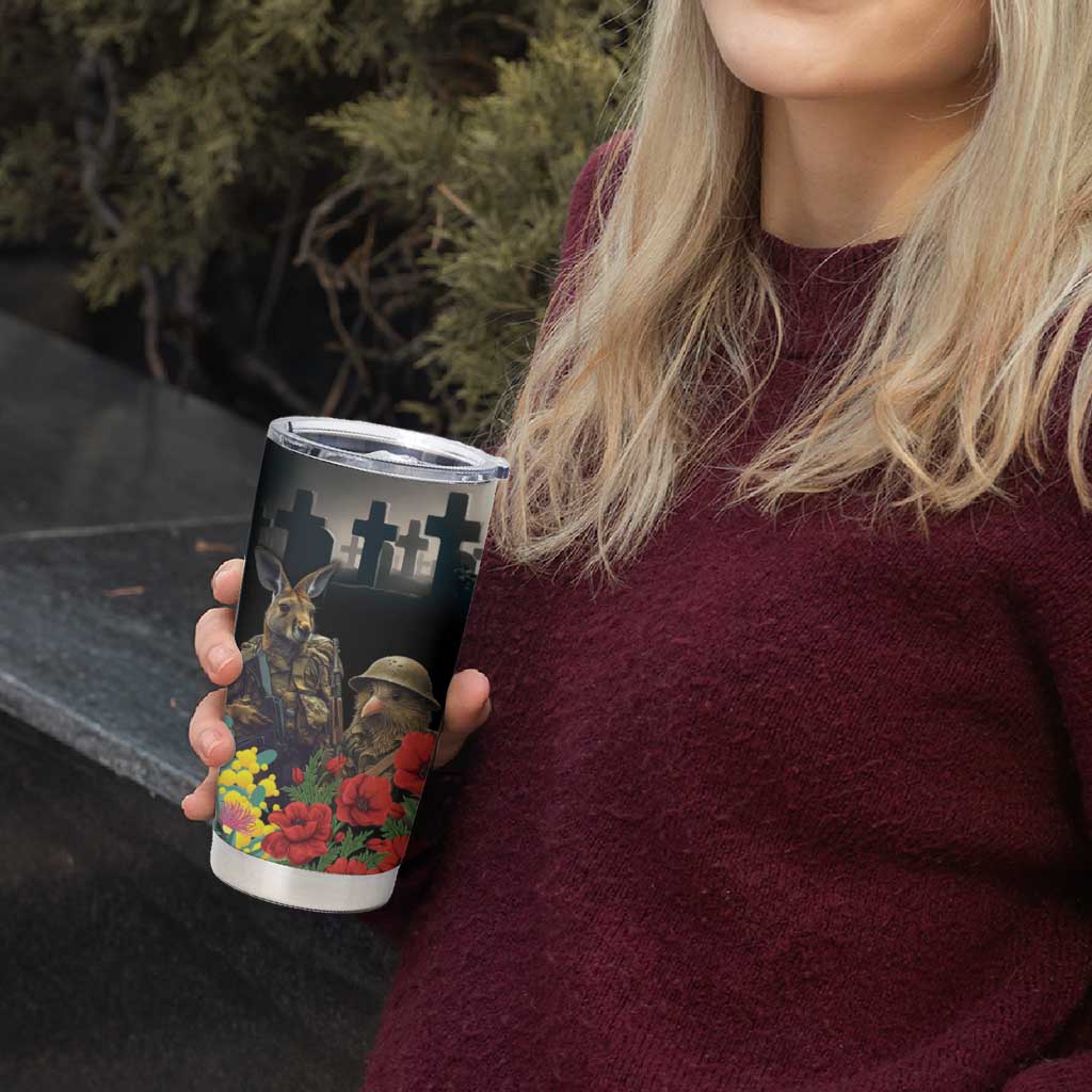 Kangaroo-Kiwi Soldier ANZAC Personalised Tumbler Cup Golden Wattle Poppy Flowers LT9 - Polynesian Pride