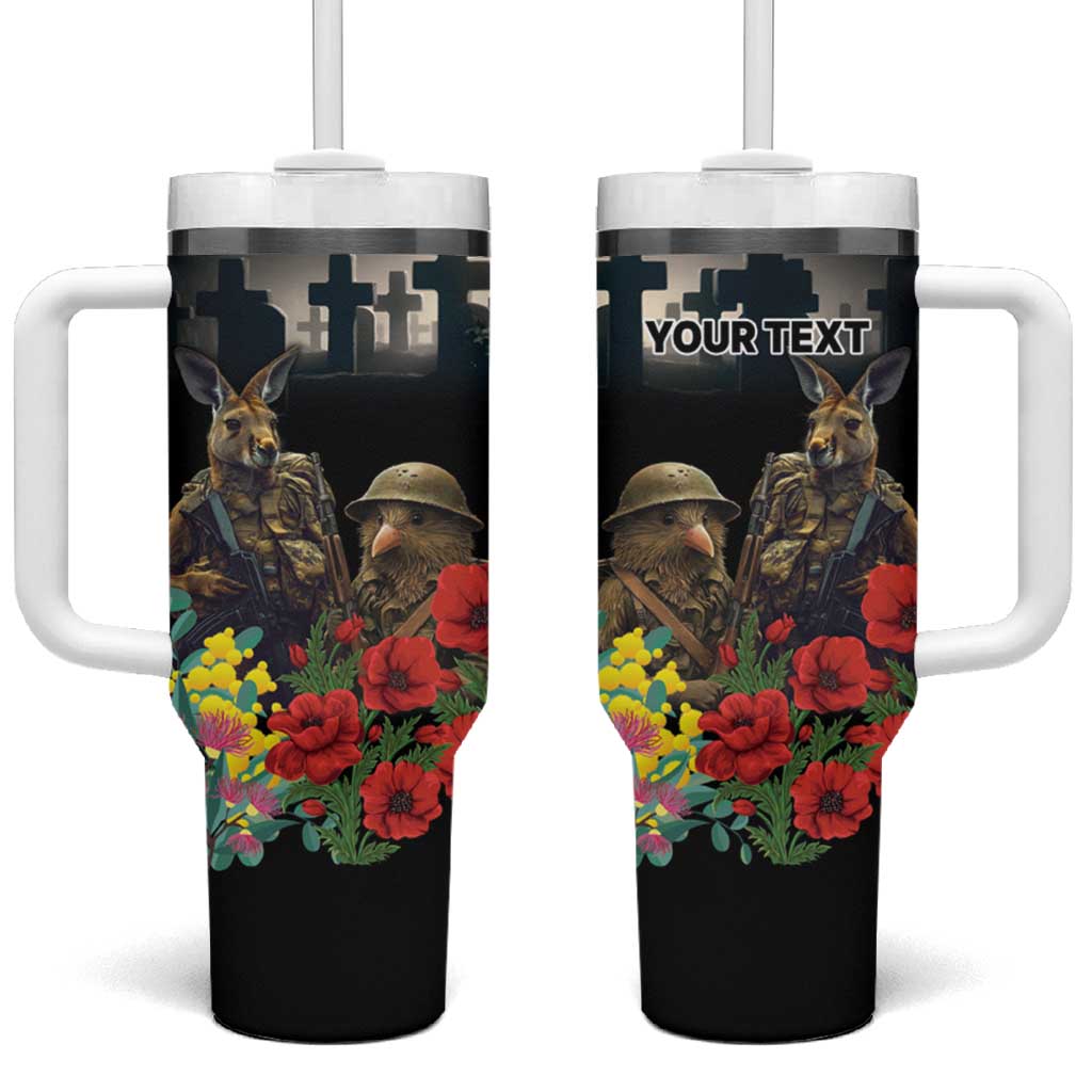 Kangaroo-Kiwi Soldier ANZAC Personalised Tumbler With Handle Golden Wattle Poppy Flowers LT9 One Size: 40 oz Black - Polynesian Pride