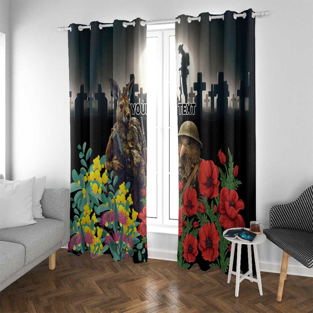Kangaroo-Kiwi Soldier ANZAC Personalised Window Curtain Golden Wattle Poppy Flowers LT9 With Grommets Black - Polynesian Pride