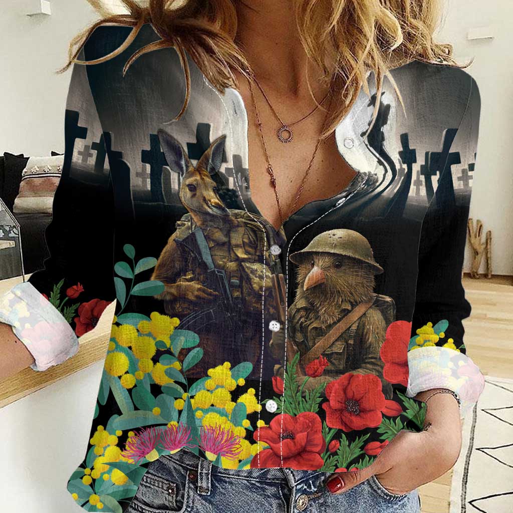 Kangaroo-Kiwi Soldier ANZAC Personalised Women Casual Shirt Golden Wattle Poppy Flowers