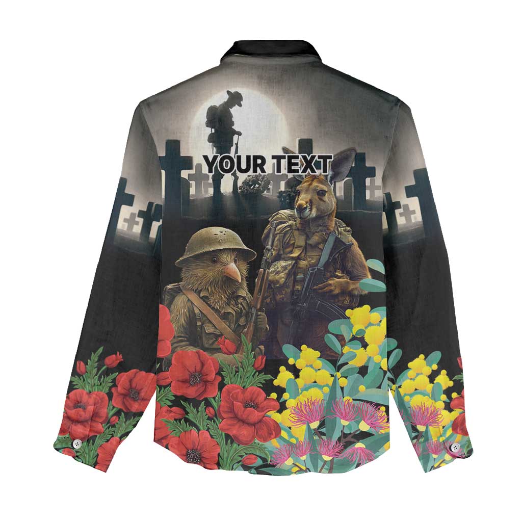 Kangaroo-Kiwi Soldier ANZAC Personalised Women Casual Shirt Golden Wattle Poppy Flowers