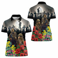 Kangaroo-Kiwi Soldier ANZAC Personalised Women Polo Shirt Golden Wattle Poppy Flowers