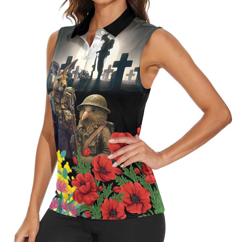 Kangaroo-Kiwi Soldier ANZAC Personalised Women Sleeveless Polo Shirt Golden Wattle Poppy Flowers