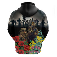 Kangaroo-Kiwi Soldier ANZAC Personalised Zip Hoodie Golden Wattle Poppy Flowers