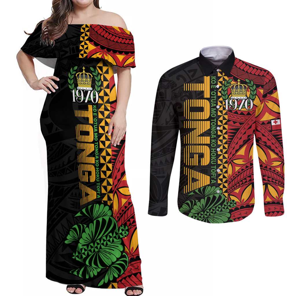 Personalised Tonga Emancipation Day Couples Matching Off Shoulder Maxi Dress and Long Sleeve Button Shirt Puleanga Fakatui O Since 1970