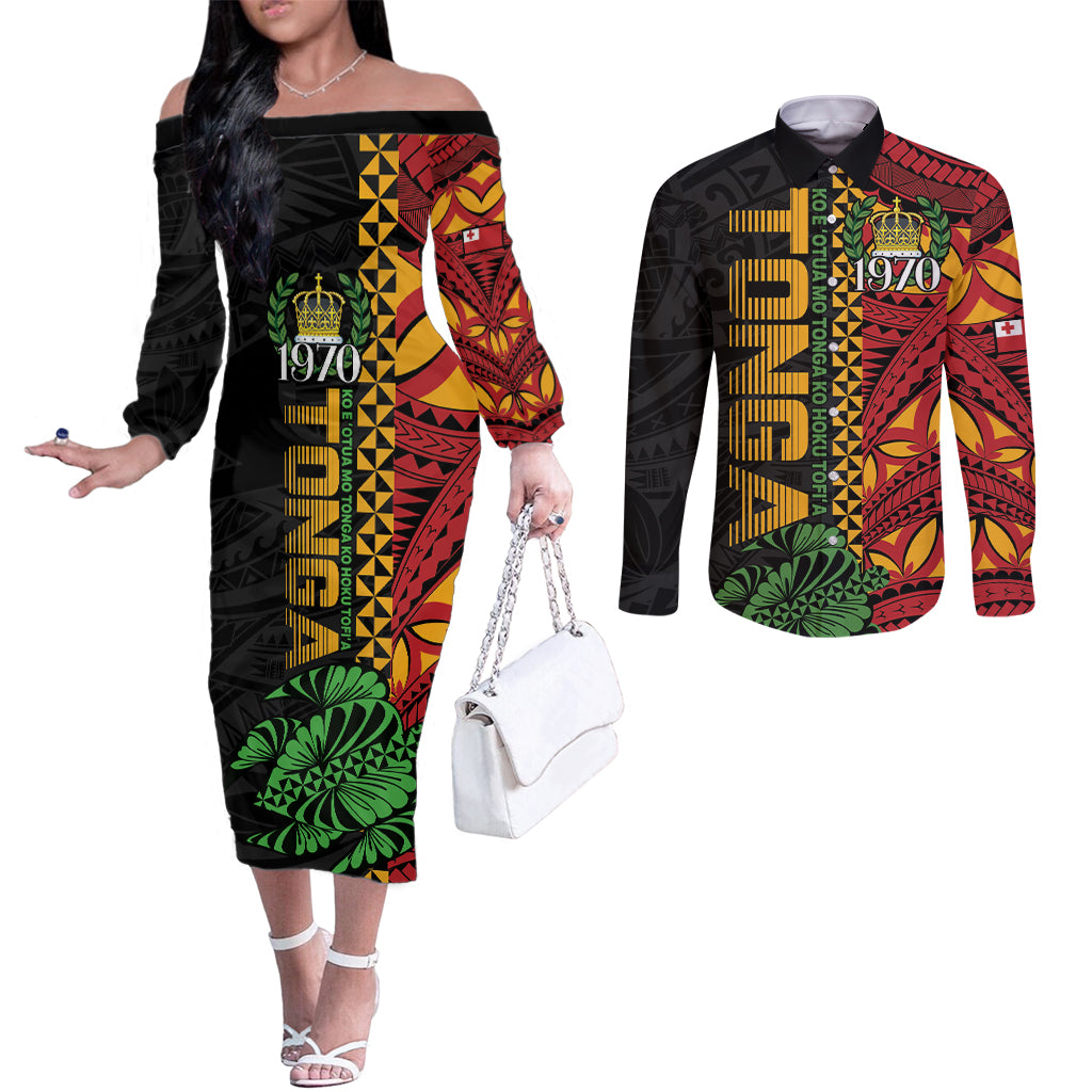 Personalised Tonga Emancipation Day Couples Matching Off The Shoulder Long Sleeve Dress and Long Sleeve Button Shirt Puleanga Fakatui O Since 1970